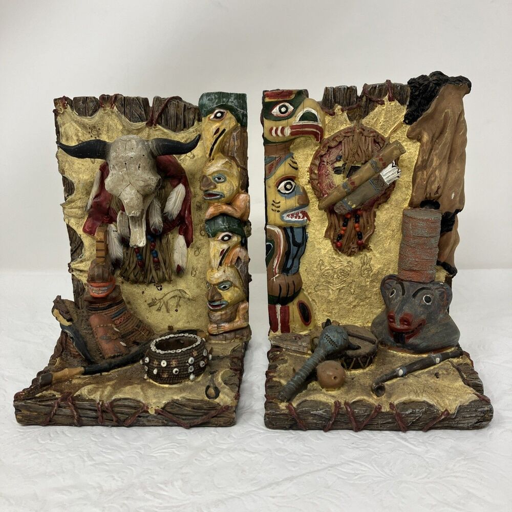 Tribal Native Bookends American Southwestern Heavy Resin Totem Skull Satis